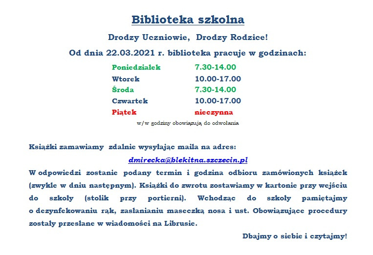 Godziny Pracy Biblioteki Szkolnej - Błękitna Szczecin